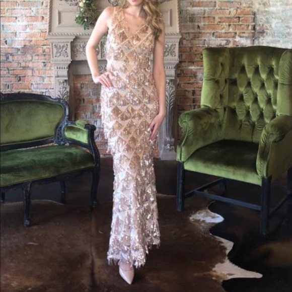 Gold Tassel Sequin Sleeveless Beaded Evening Gown - Picture 7 of 9